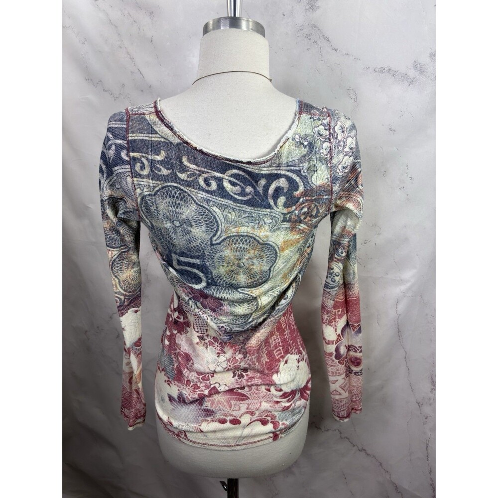 Vtg Y2K Lucky Brand Top 00s Asian Print Waffle Knit Long Sleeve Shirt 2000s - Picture 2 of 11